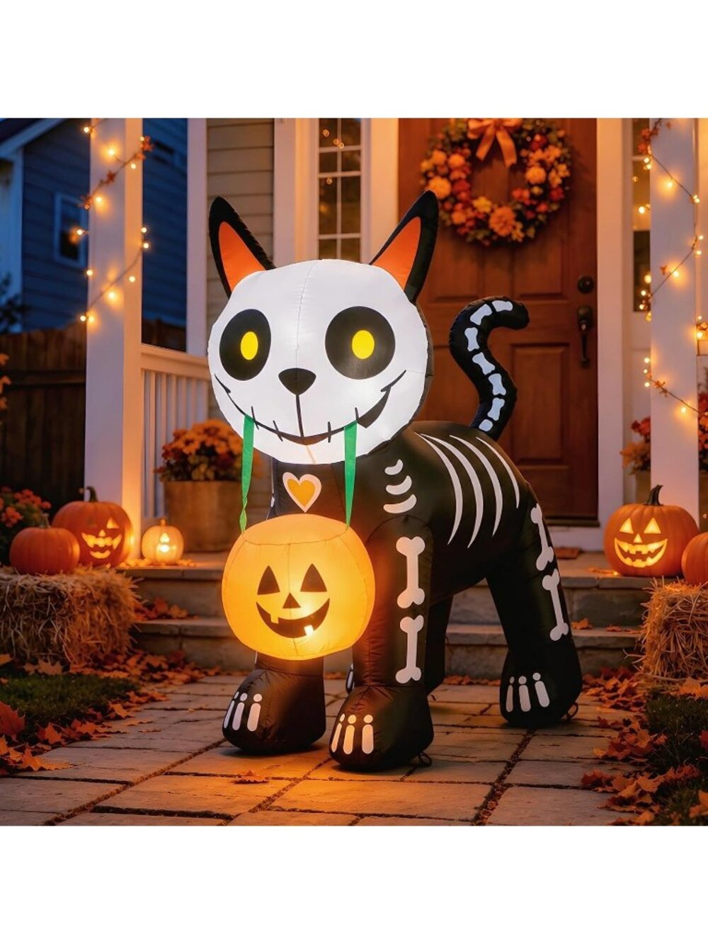 🎃5FT Halloween Inflatables Cute Black Cat with Pumpkin Blow Up Outdoor Decor